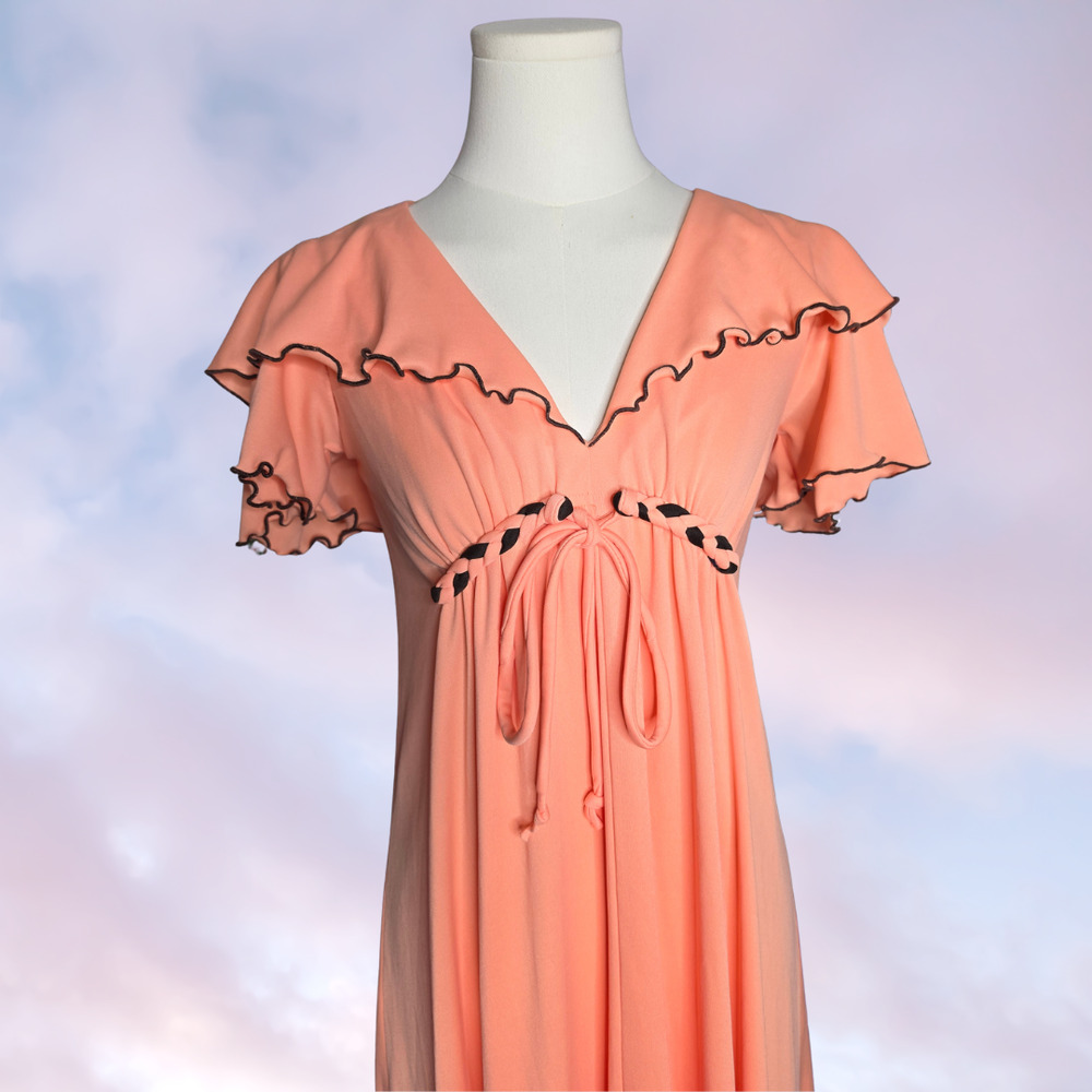 Vtg 60s JCPenney Peach Pink Cottage Mod Retro Ruffle Empire Waist Dress Sz 7 - Picture 2 of 7